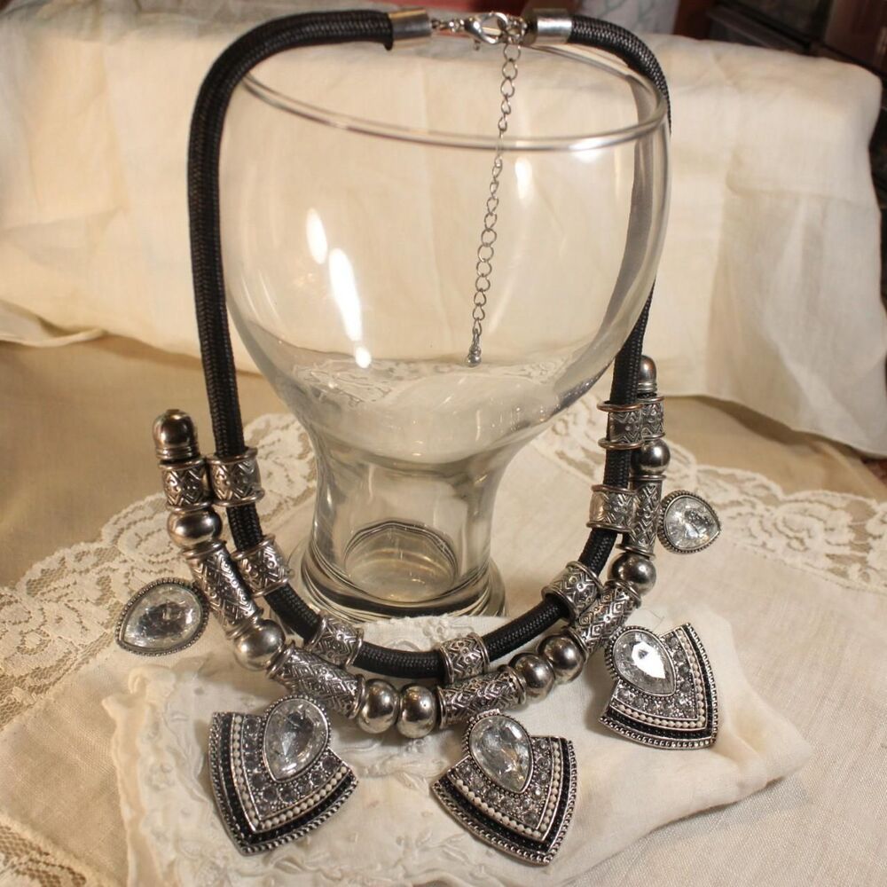 Boho Y2K Tribal Statement Necklace Black and Silver-Tone Teardrop Rhinestone
